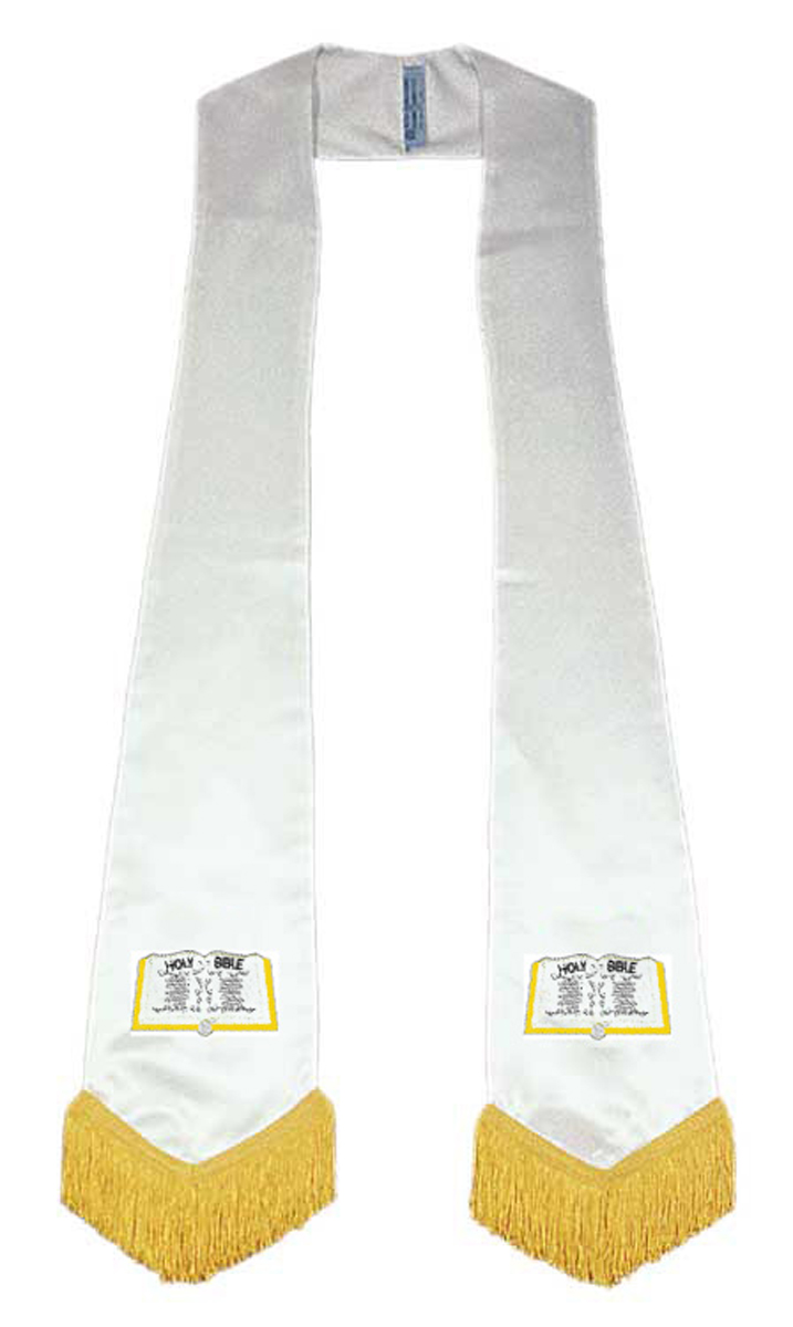 White Satin Stole with embroidered open bible each end
