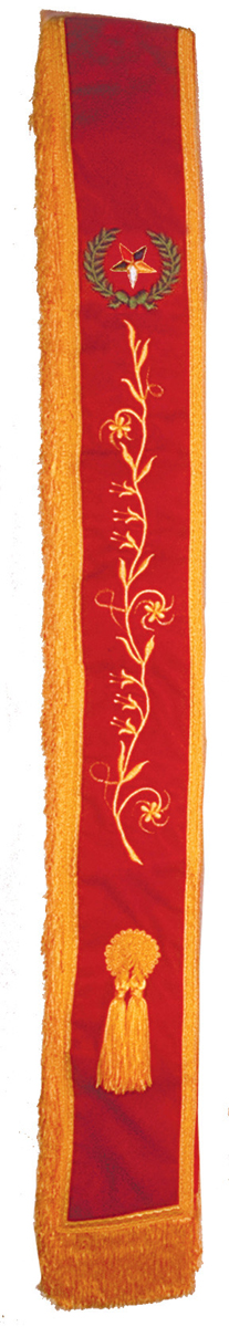 Red Velvet Amaranth sash with fringe along one side