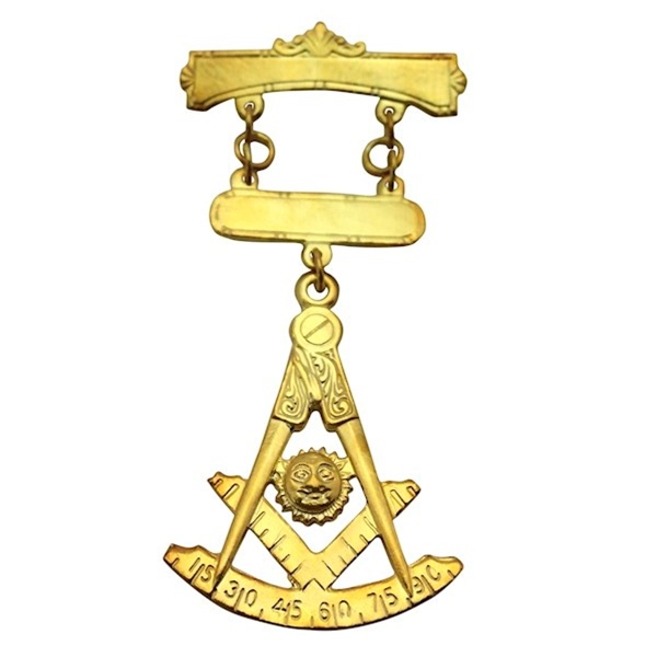 Past Master Swinger Jewel. 10K YG.Two bars with Square & Compass, Quadrant & Sun.