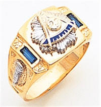 Past Master ring Square front with 2 synthetic sapphires , Compass & Quadrant with Sun - 10K Y&WG