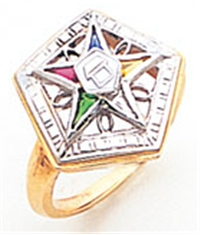 O.E.S. 10K Member's ring with raised star inside pentagon altar center