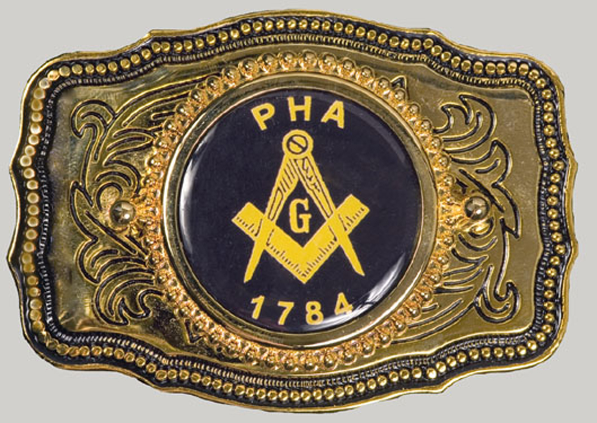 Gold Masonic belt buckle with PHA