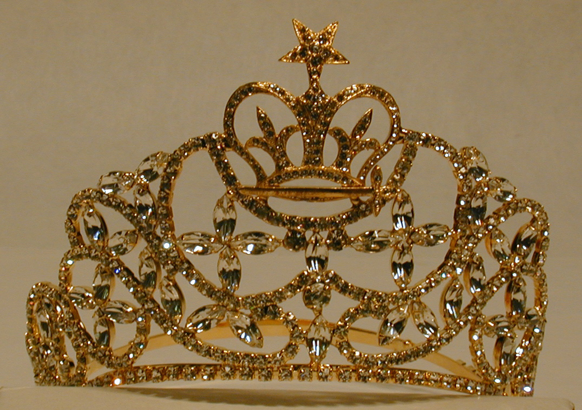Amaranth rhinestone crown in gold tone with all white stones