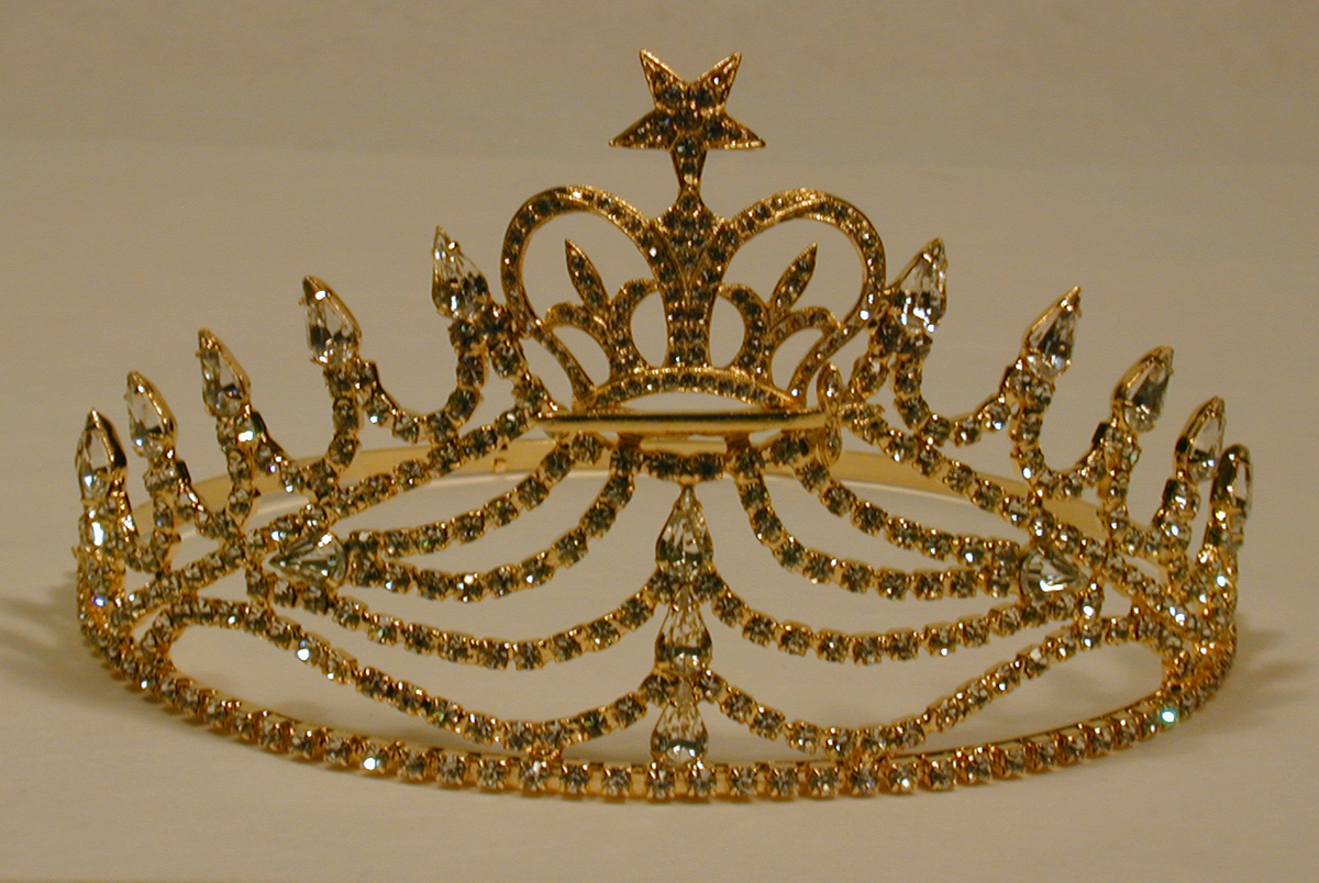 Amaranth rhinestone crown in gold tone with all white stones