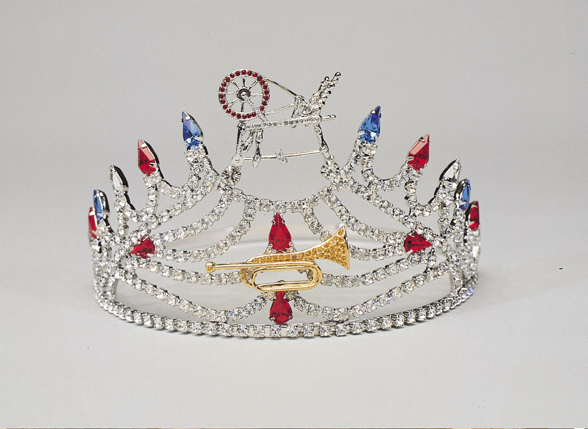 Heroines of Jericho Crown with 12 points in red, white, and blue stones set in silver tone with Spinning Wheel on top and Bugle in front center