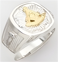 Past Master ring Square front & rounded edges - Square,Compass & Quadrant with Sun - Sterling Silver