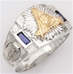 Past Master ring Square front with 2 synthetic sapphires , Compass & Quadrant with Sun - Sterling Si