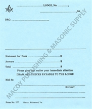 Masonic Blue Lodge Statement of Dues and Arrears. Pad of 50