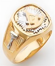 Past Master ring Square front & rounded edges - Square,Compass & Quadrant with Sun - 10K Y&WG