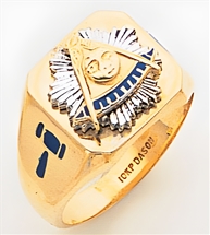Past Master ring Square front, Compass & Quadrant with Sun - 10K Y&WG