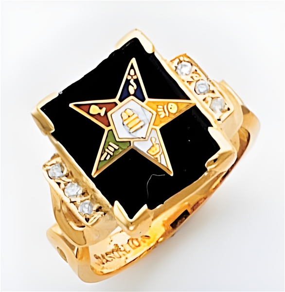 Gold OES Ring with synthetic Onyx stone and 1 20 CT. diamonds 3448