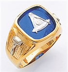 Past Master ring Square stone & rounded edges, Compass & Quadrant with Sun - 10K Y&WG