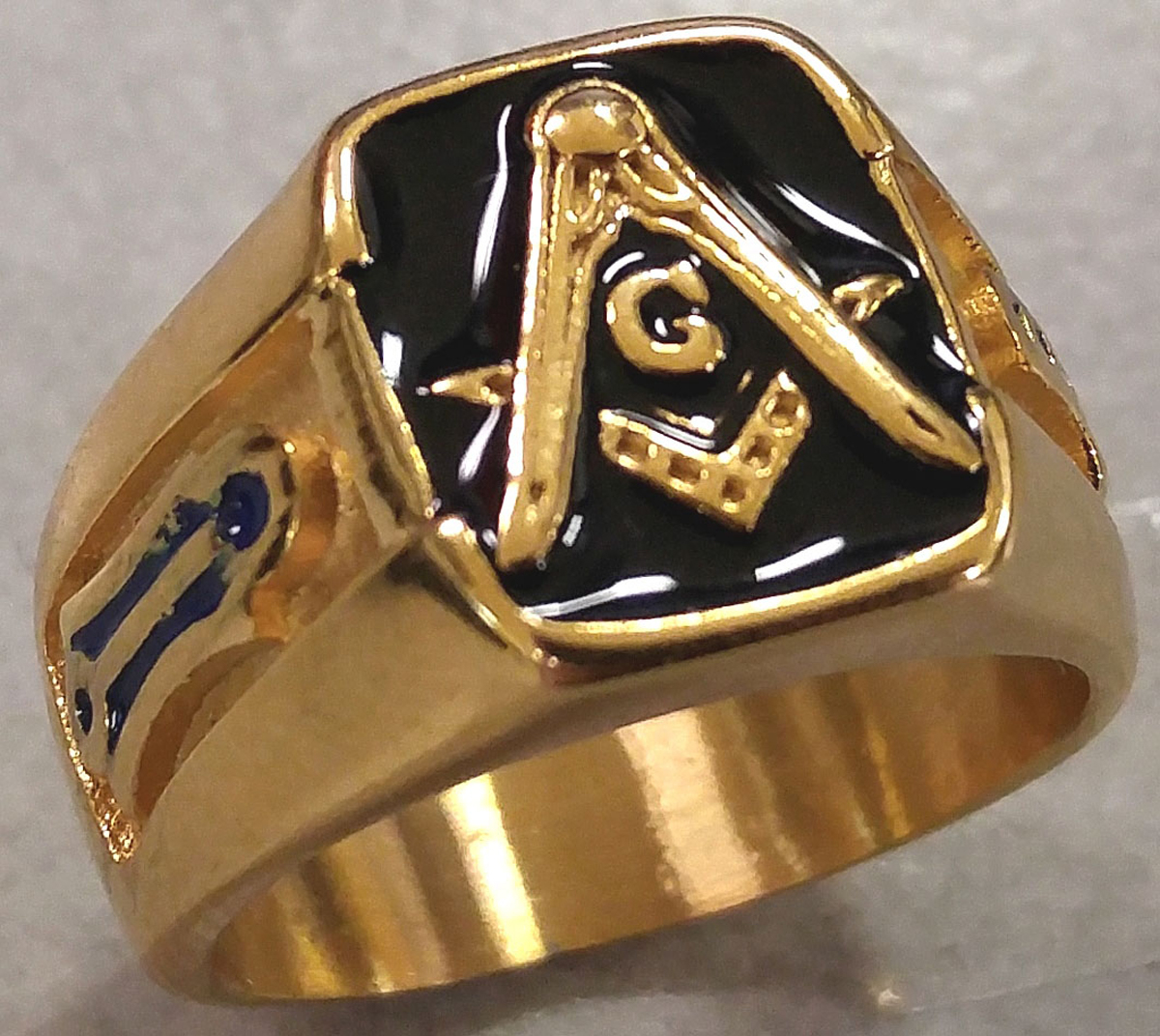 Masonic Ring (Stainless Steel) Gold Toned, Black enamel 5935