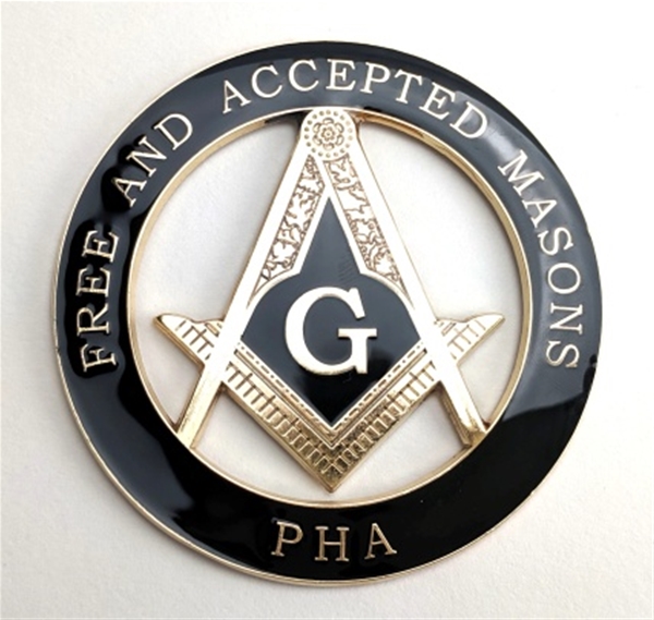 Masonic cut-out car emblem in silver and blue 