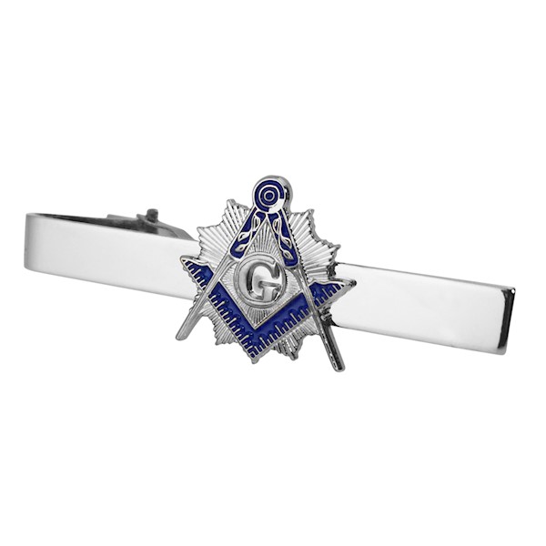 Masonic Tie Bar Set - silvertone with Blue enamel