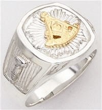 Past Master ring Square front & rounded edges - Square,Compass & Quadrant with Sun - Sterling Silver