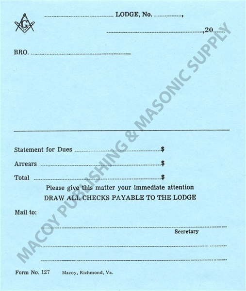 Masonic Blue Lodge Statement of Dues and Arrears. Pad of 50
