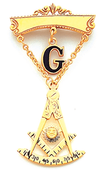 Past Master Swinger Jewel.10K YG. One curved bar with hanging G with Square & Compass, Quadrant & Sun.