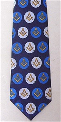 Masonic tie Navy Blue with Royal Blue and White circle pattern and yellow emblems