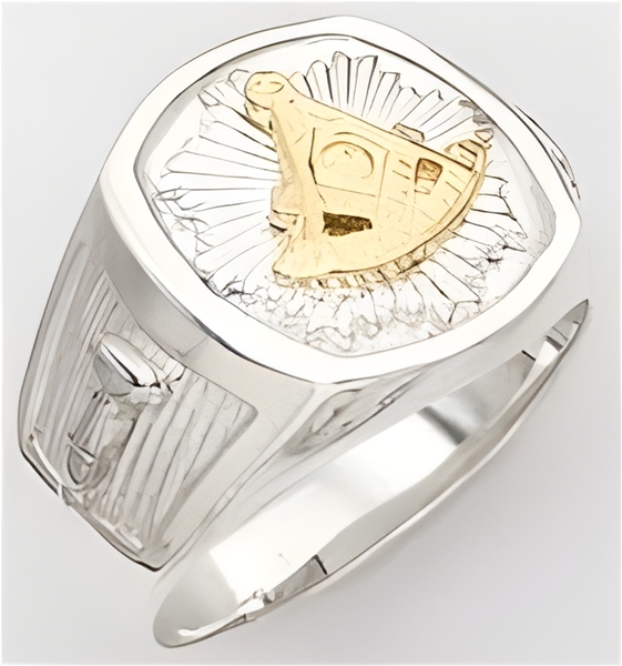 Past Master ring Square front & rounded edges - Square,Compass & Quadrant with Sun - Sterling Silver