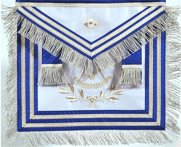Masonic Past Master Apron | Two Rows Silver Ribbon Trim | Non-Tarnish Embroidery | Fringe Tabs