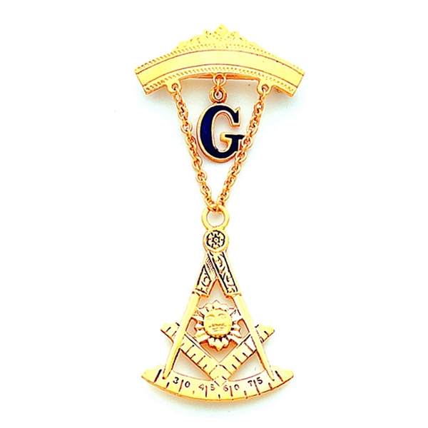 Past Master Swinger Jewel. 10K YG. One curved bar with hanging G with Square , Compass, Quadrant & Sun.