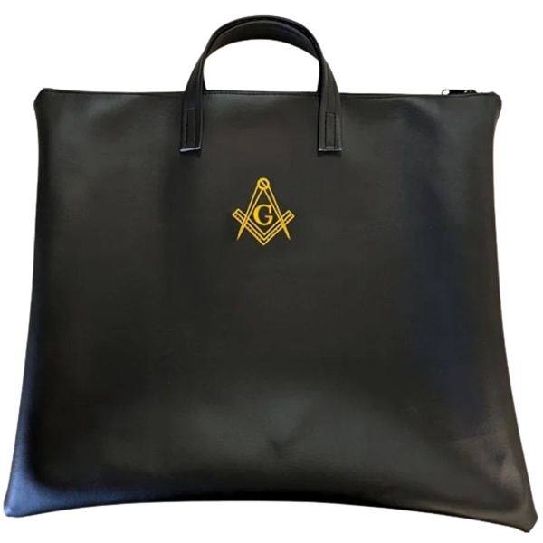 Black marine vinyl Masonic apron and collar travel case with gold embroidered emblem