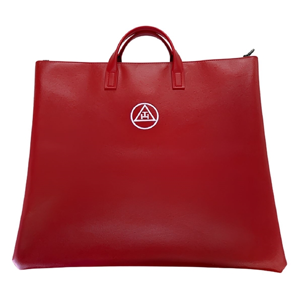 Red marine vinyl Royal Arch Mason apron and collar travel case with white embroidered TT emblem
