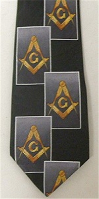 Masonic tie Black with Square & Compasses staggered with yellow emblems